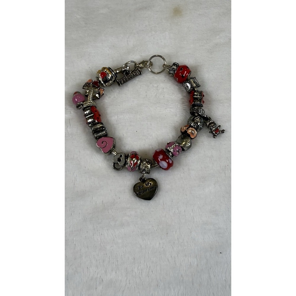 Valentine Charm Bracelet Silver Tone Red‎ Pink Hearts Be Mine Love Cupcake